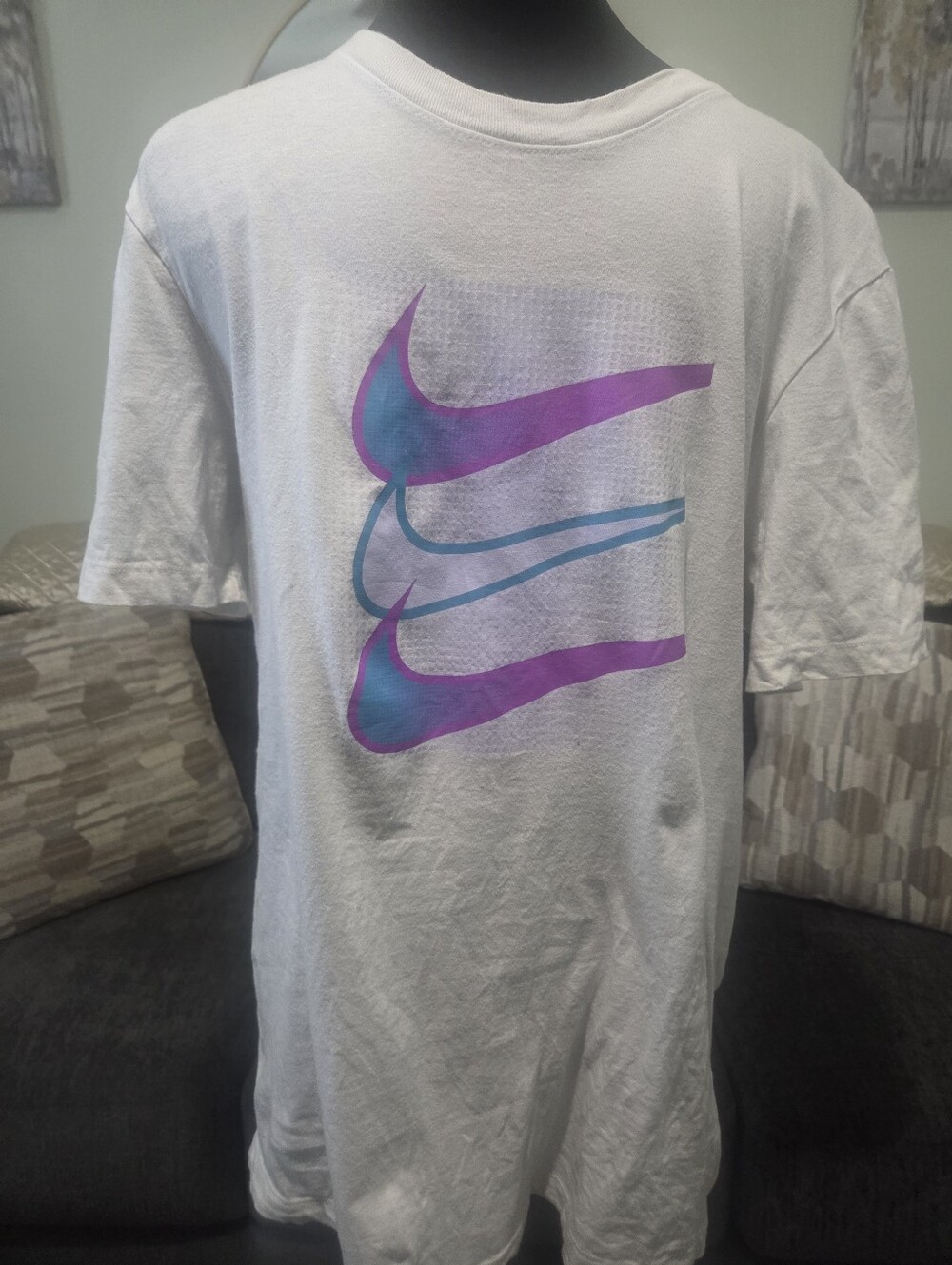 Nike White Short-Sleeve Tee with Purple and Teal Swoosh Graphics